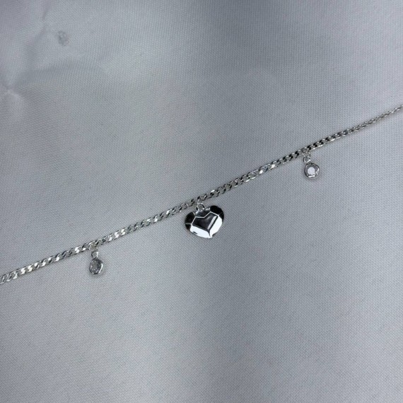 Tornozeleira Elo Grumet com Coração e Pedra - Folheado a Prata