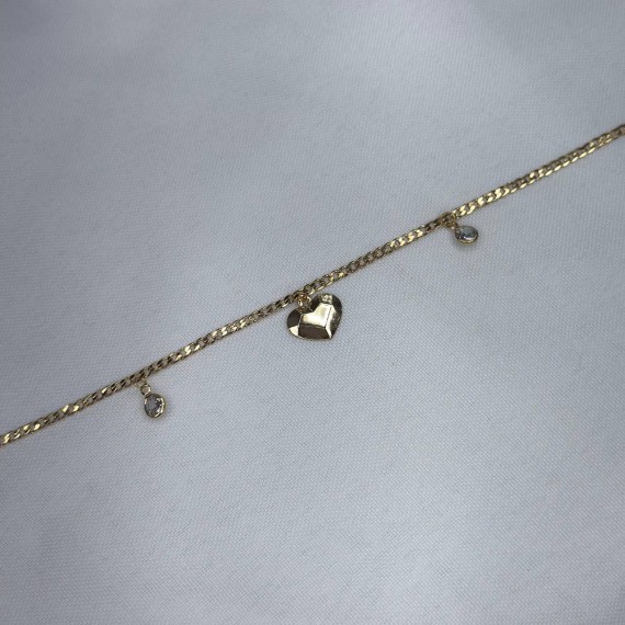 Tornozeleira Elo Grumet com Coração e Pedra - Folheado a Ouro 18k