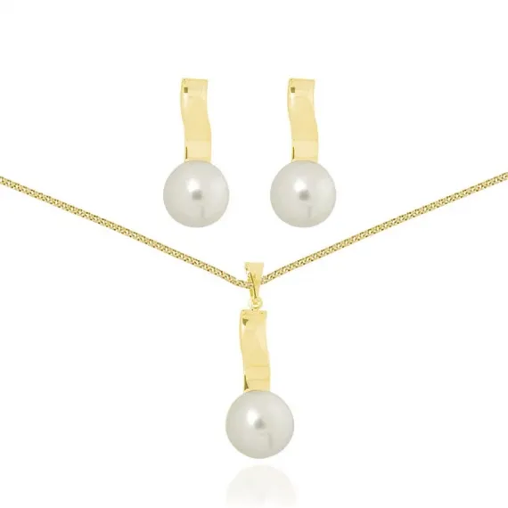 Conjunto com corrente veneziana 45 cm, brinco e pingente com detalhe em pérola - Folheado a Ouro 18k