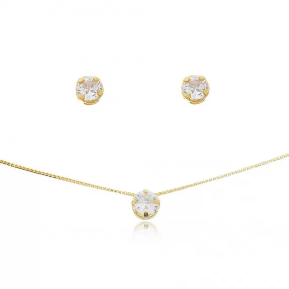 Conjunto com corrente veneziana 45 cm com brinco e pingente de zircônia - Folheado a Ouro 18k