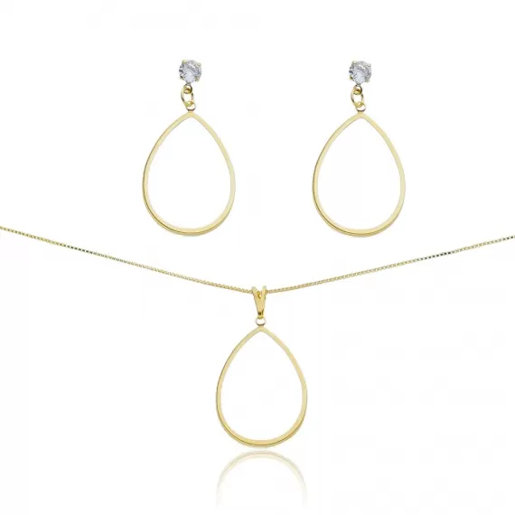Conjunto com corrente veneziana 45 cm, brinco e pingente, formato de gota com base ponto de luz - Folheado a Ouro 18k 