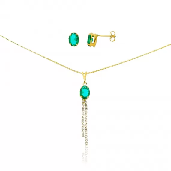 Conjunto com corrente veneziana 45 cm, brinco e pingente com pedra de rivoli de vidro e detalhes em strass - Folheado a Ouro 18k