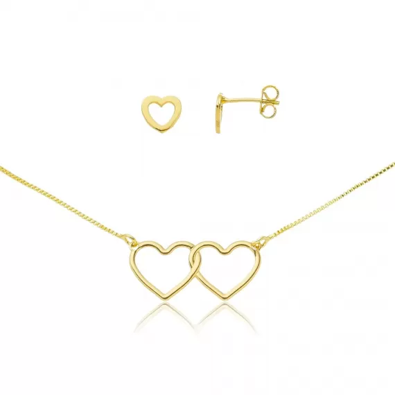 Conjunto com corrente veneziana 45 cm brinco e pingente formato de coração vazado - Folheado a Ouro 18k