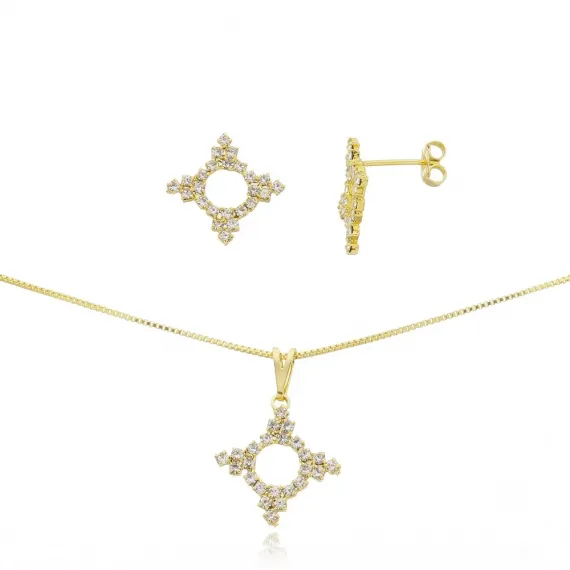 Conjunto com corrente veneziana, brinco e pingente de strass - Folheado a Ouro 18k
