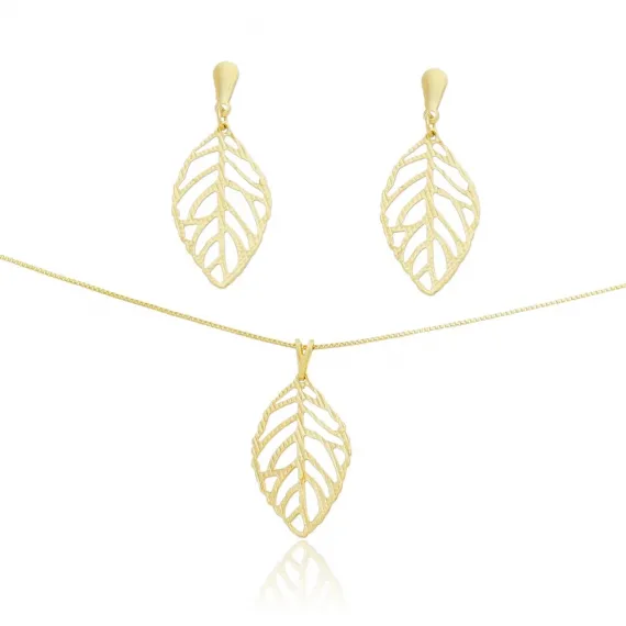  Conjunto com corrente veneziana 45 cm, brinco e pingente no formato de folha - Folheado a Ouro 18k