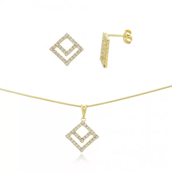 Conjunto com corrente veneziana, brinco e pingente quadrado de strass - Folheado a Ouro 18k