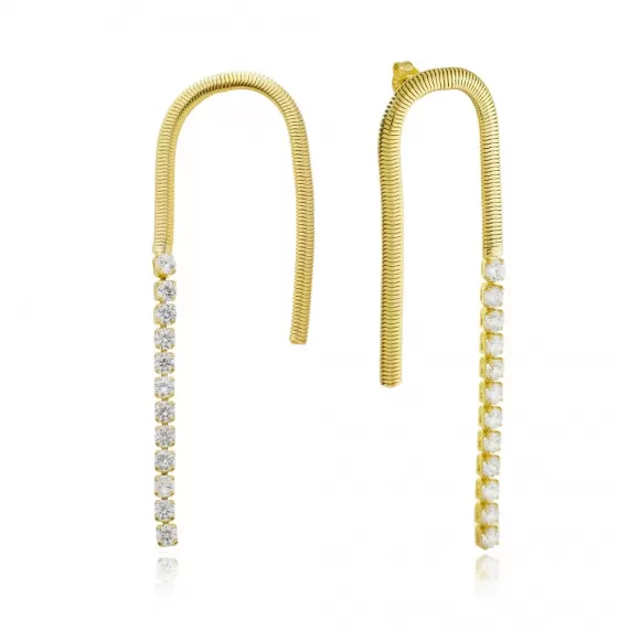 Brinco com corrente modelo Snake e riviera de zircônia - Folheado a Ouro 18k