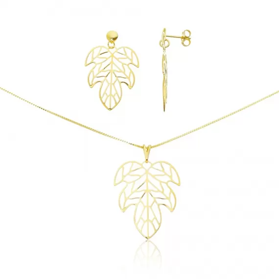 Conjunto com corrente veneziana 45 cm, brinco e pingente formato de folha vazada - Folheado a Ouro 18k