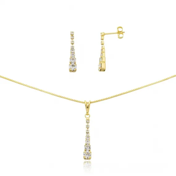 Conjunto com corrente veneziana 45 cm, brinco e pingente de strass - Folheado a ouro 18k