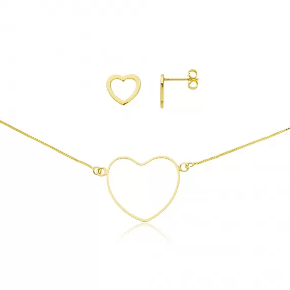 Conjunto com corrente veneziana 45 cm brinco e pingente modelo de coração vazado - Folheado a Ouro 18k