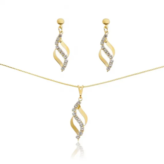 Conjunto com corrente veneziana 45 cm, brincos e pingente, com detalhes em strass - Folheado a Ouro 18k