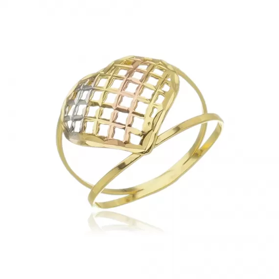 Anel dois aros e modelo de coração com três cores - Folheado a Ouro 18k