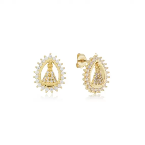 Brinco Nossa Sra Aparecida cravejado com zircônias - Folheado a Ouro 18k