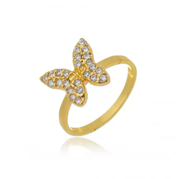 Anel com pingente de borboleta e cravejado com pedras de zircônias - Folheado a Ouro 18k