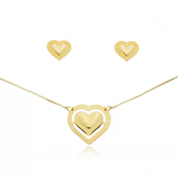 Conjunto com corrente veneziana 45 cm brinco e pingente modelo coração - Folheado a Ouro 18k