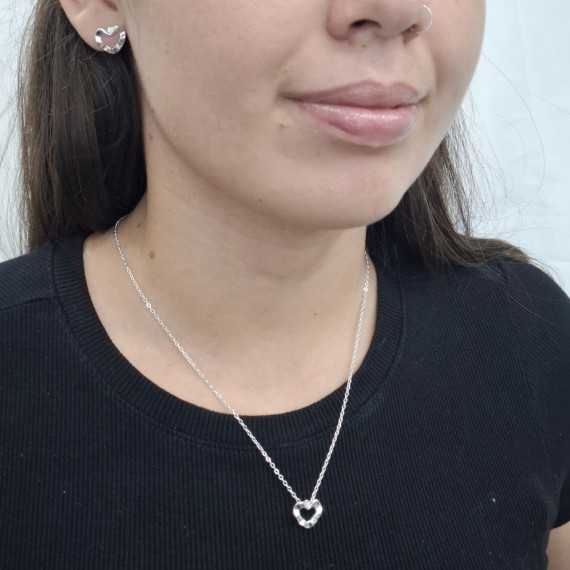 Conjunto de Coração Vazado Ondulado - Folheado a Prata