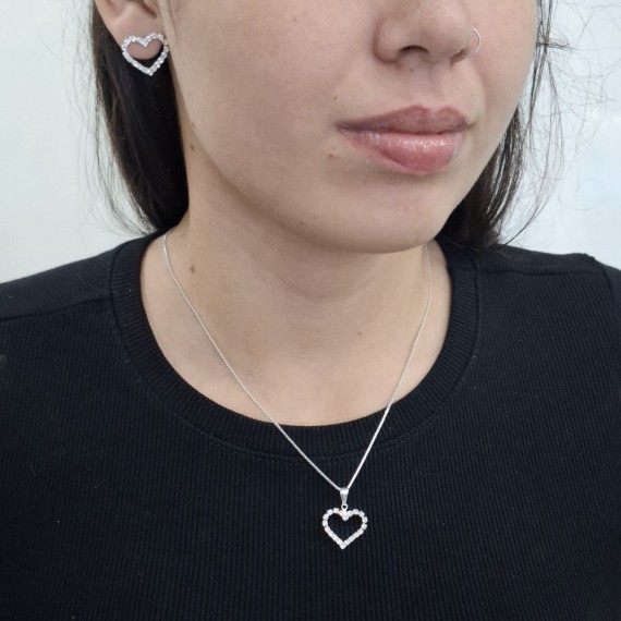 Conjunto de Coração Vazado Cravejado - Folheado a Prata