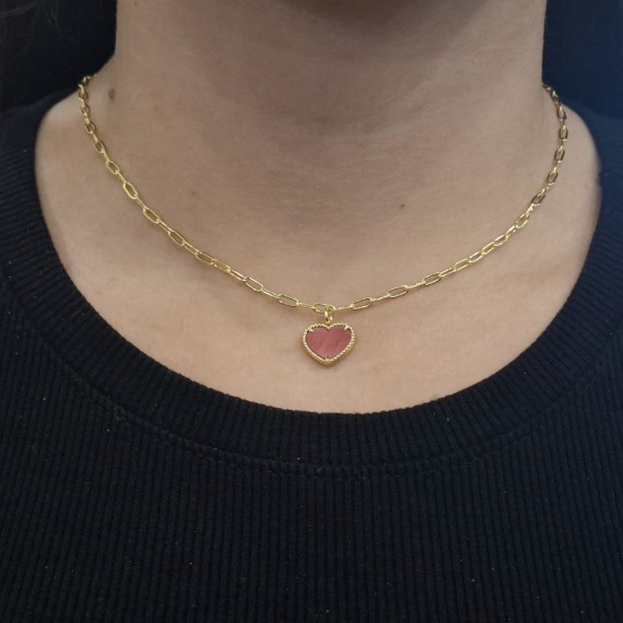 Cordão Elo Cadeado com Pingente de Coração na Cor Rosa 45cm - Folheado a Ouro 18k