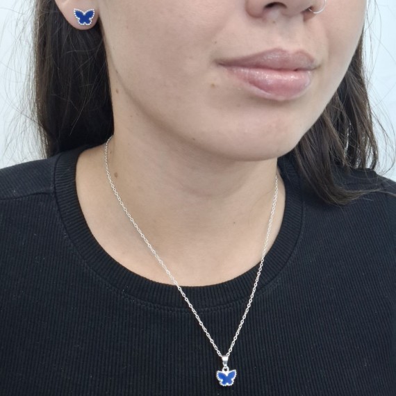 Conjunto de Borboleta na cor Azul-Marinho - Folheado a Prata