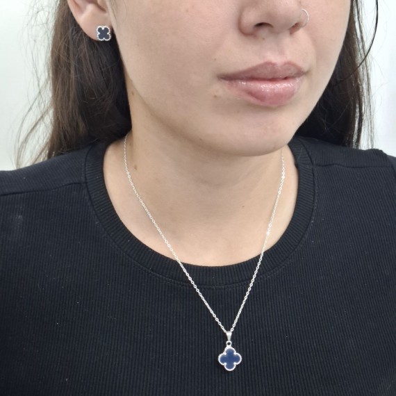 Conjunto Trevo na cor Azul Escuro - Folheado a Prata