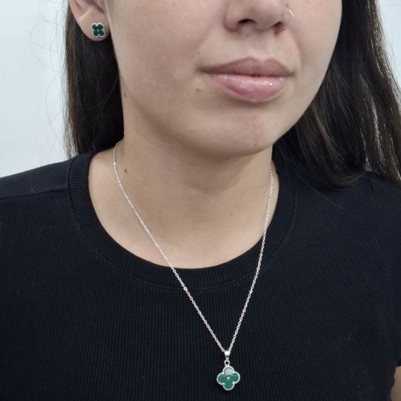 Conjunto Trevo na Cor Verde - Folheado a Prata 