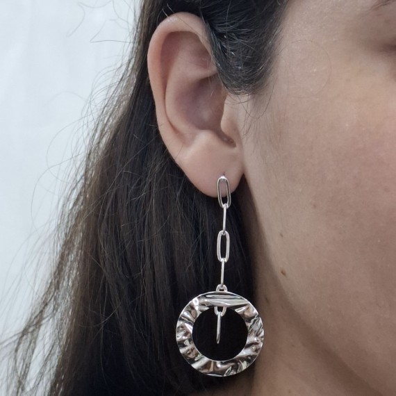 Brinco Pendurado Elos Redondos + Círculo na ponta - Folheado a Prata