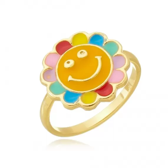 Anel formato de flor resinada colorida - Folheado a Ouro 18k