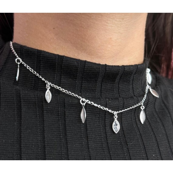 Choker Folhas Penduradas com Zircônia - Prata 925k