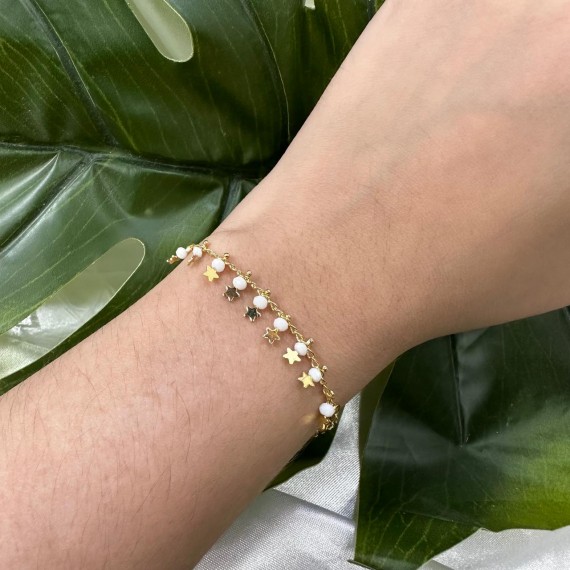 Pulseira Pérola com Estrelas - Folheado a Ouro 18k