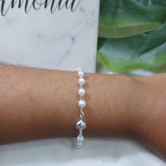 Pulseira Pérola + Coração - Folheado a Prata 